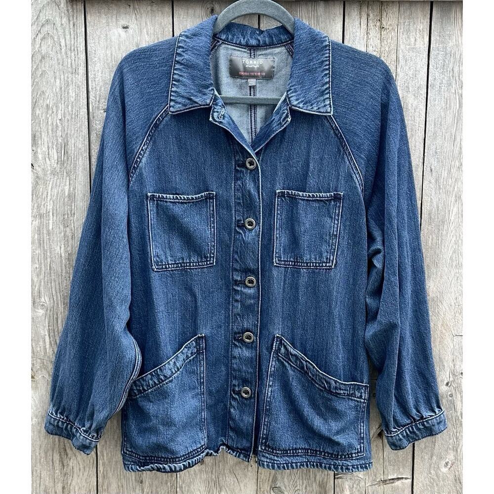 Torrid Tencel Chore Jacket Womens Sz 1 Dark Blue Long Sleeve Button Up Western